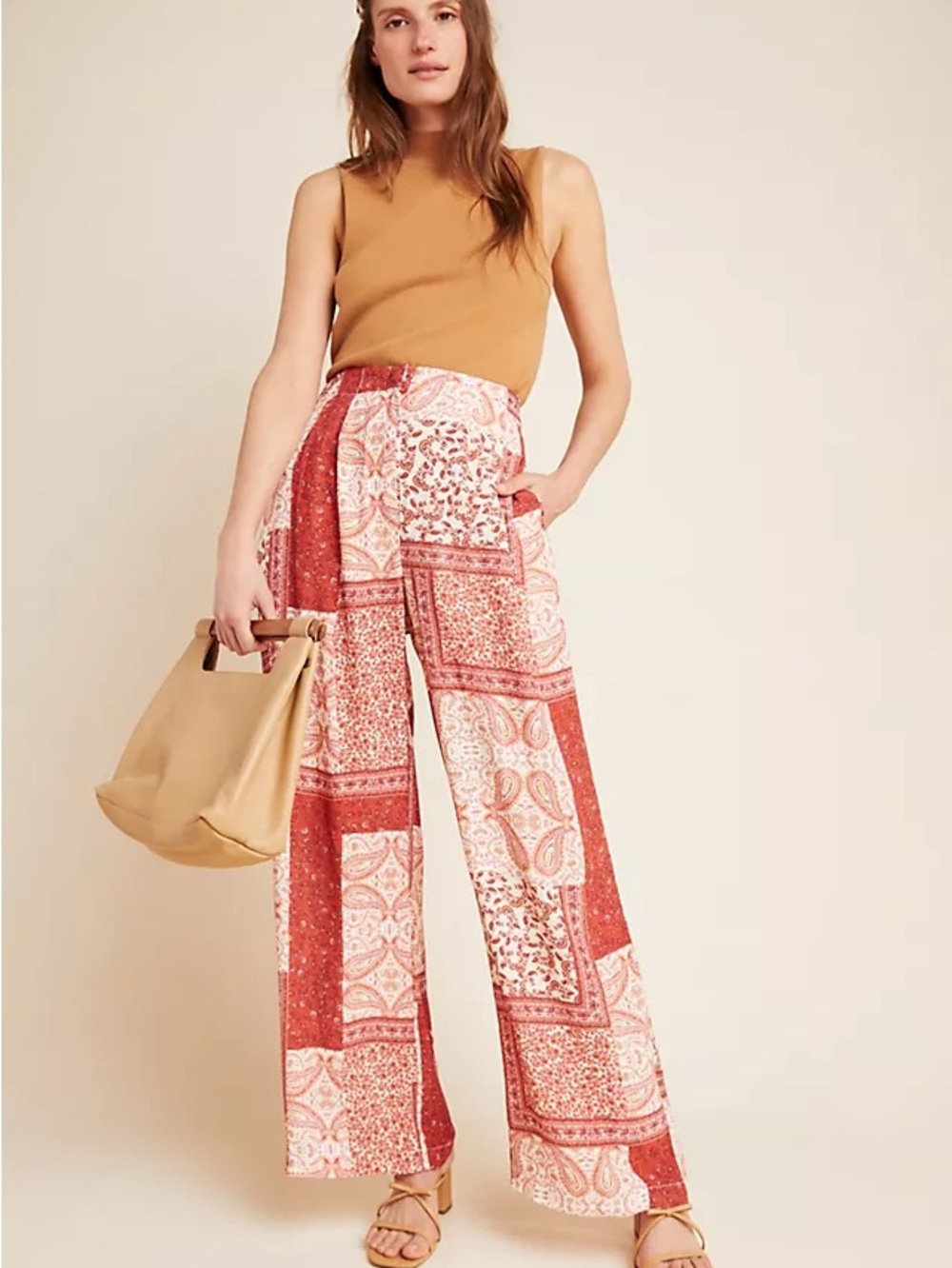 Anthropologie Eva Franco Wide-Leg Patchwork Paisley Pants in Rust Red size 4 NWT